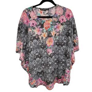 Tolani Narissa black floral thin lightweight short sleeve Kaftan poncho M